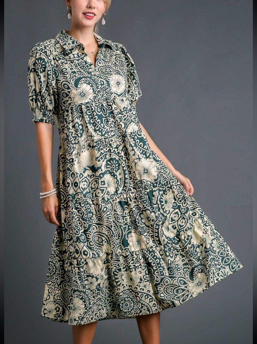 Umgee USA Abstract Print Midi Dress in Peacock. Size medium.